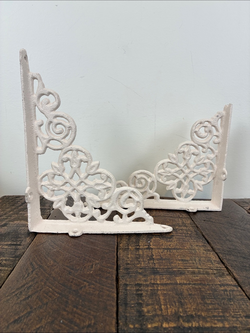 Off-White Ornate Cast Iron Wall Shelf Brackets Pair FLAWS Set of (2) 8”
